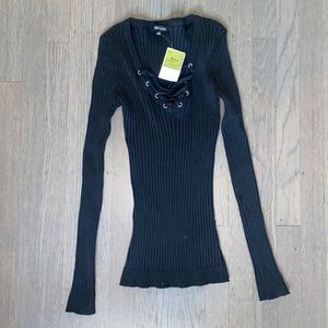 NWT Ribbed Black Long Sleeve Top V-Neck Strap Sz: S